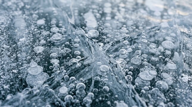 Clear ice texture with numerous trapped air bubbles and natural cracks creating an abstract pattern