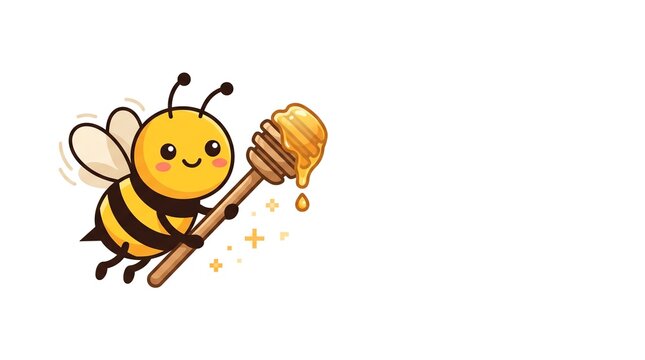 Cute cartoon bee holding a honey dipper with dripping golden honey isolated on white background