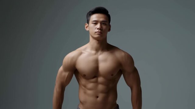 Shirtless muscular man changes pose from clasped hands to arms at sides in studio