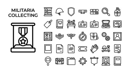 Fototapeta premium Militaria Collecting Icons: A collection of stylized line icons representing various items and concepts associated with militaria collecting, including medals, helmets, badges, and books.