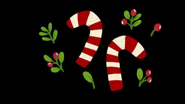 Animated christmas candy canes with green leaves and red berries video overlay seamless loop