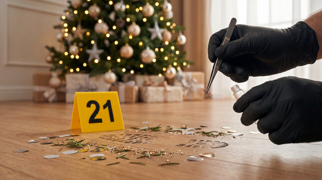 Christmas crime scene investigation with forensic evidence and evidence marker in festive home