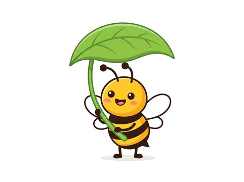 Cute cartoon bee holding a green leaf as an umbrella, vector illustration of a happy insect