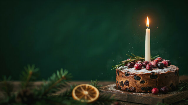 Elegant Christmas fruit cake with a single glowing candle symbolizing hope warmth and celebration during the holiday season
