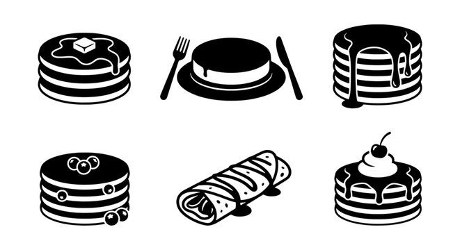 Assortment of pancake and crepe icons featuring sweet toppings and breakfast items presented for culinary.