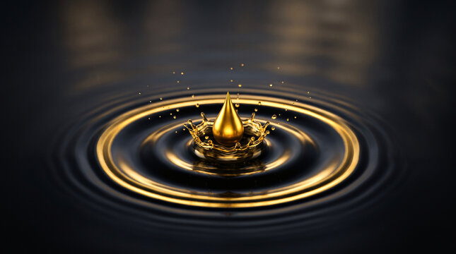 Golden liquid splash on black background with droplets