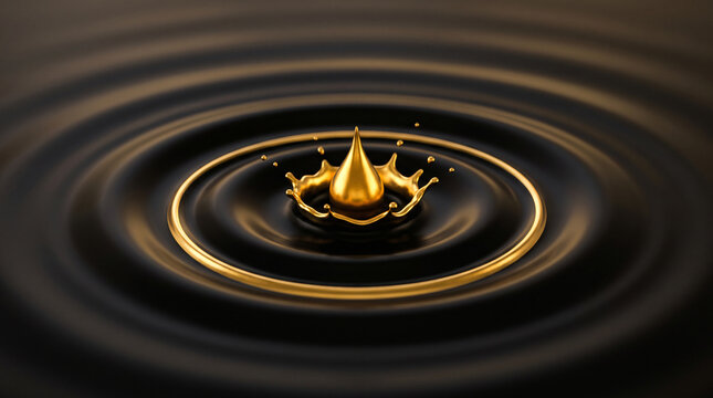 Golden liquid splash on black background with droplets