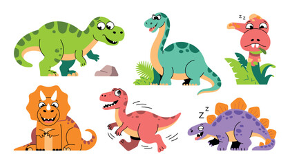 Cute Dinosaur Cartoon Character Vector Icon Set Featuring Tyrannosaurus Rex, Brachiosaurus, Triceratops, Stegosaurus, and Prehistoric Wild Animal Graphic Elements © minara