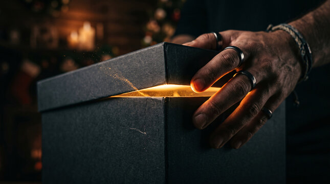 A sleek black gift box with a golden interior lid slightly ajar revealing luxurious contrast under soft lighting