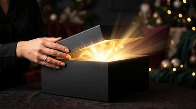A sleek black gift box with a golden interior lid slightly ajar revealing luxurious contrast under soft lighting