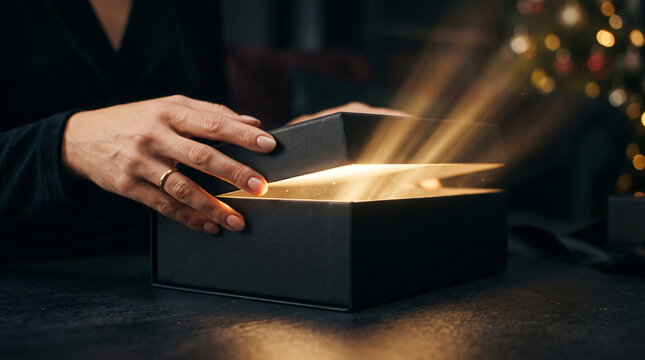 A sleek black gift box with a golden interior lid slightly ajar revealing luxurious contrast under soft lighting