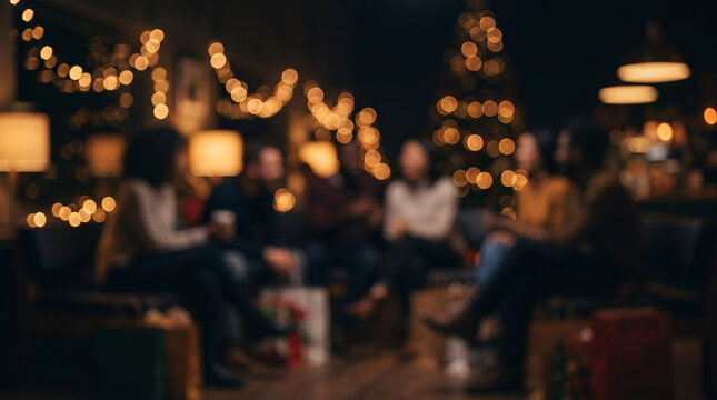 A happy group of friends at home, Christmas holiday gifts, girls returning from Black Friday shopping spree. Blurred image.