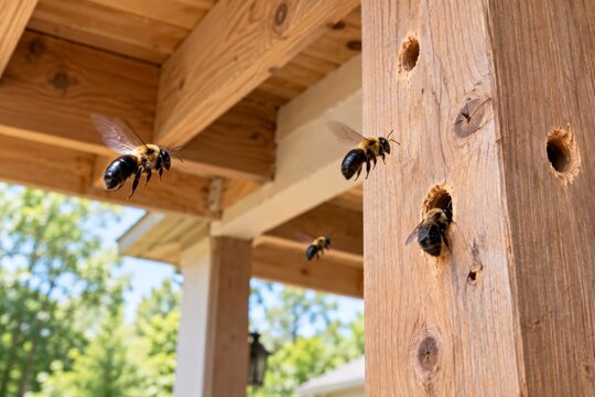 Carpenter Bees Hovering Near Nesting Holes Bored Into A Wooden Deck Post, Common Pest Damage On Residential Porch Structures