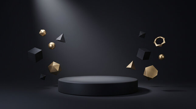 Black Friday podium with floating geometric 3D shapes.