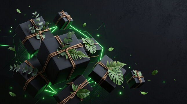 Black Friday sale banner and a black gift box wrapped with string.
