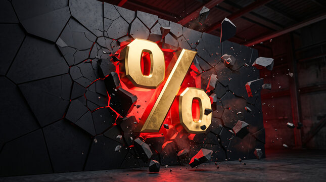 Black Friday. Gold symbol of percent on a black background. Copy space for text