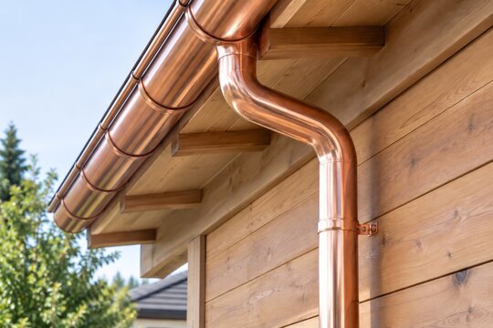 Modern Polished Copper Gutter And Downspout System Installed On A Luxury Wooden House, Providing Durable Rainwater Drainage And Architectural Elegance