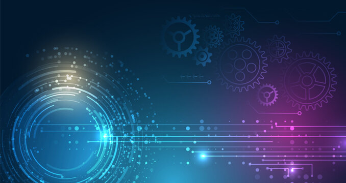 Technology background featuring glowing digital circuits, mechanical gears, circular interface elements, and blue-purple light effects, symbolizing automation, engineering, and digital transformation.