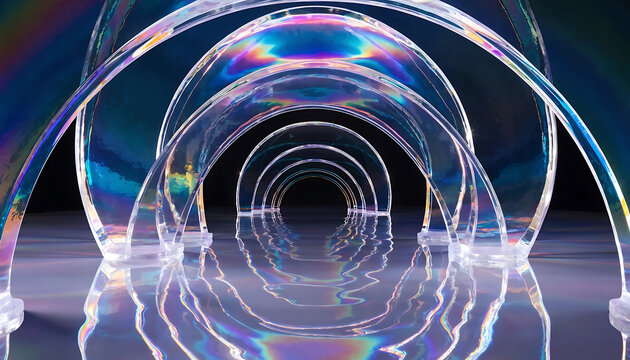 Abstract tunnel with colorful light reflections in a futuristic setting with copy space