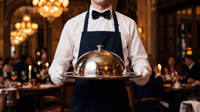 Waiter holding silver cloche tray in luxury restaurant dining room. Catering attendant presenting hot meal dish under metal dome platter during fine dining service at upscale banquet hall.