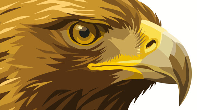 Close up of majestic golden eagle head profile with sharp yellow beak and intense golden eye in geometric vector style