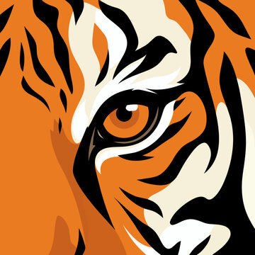 Close-up vector illustration of intense orange tiger eye with black stripes and detailed fur pattern wildlife art