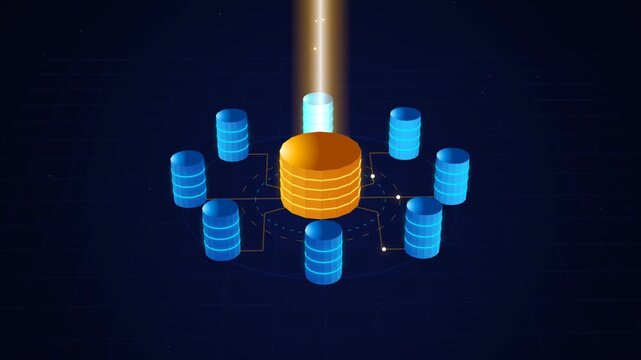 Central golden database cylinder with blue connected data storage servers representing digital netwo