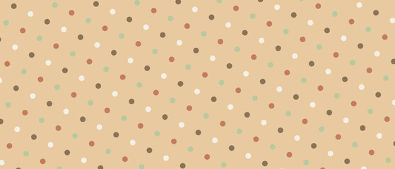 Multicolor polka dot pattern on warm beige background. Retro geometric design. Playful decorative surface for fabric, wallpaper and wrapping paper. Seamless repeat texture. © Анна Маркина