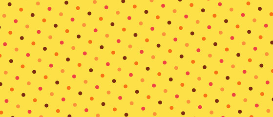 Multicolored polka dot pattern on bright yellow background. Retro geometric repeat for surface design. Decorative abstract backdrop for wrapping paper, textiles and stationery. © Анна Маркина