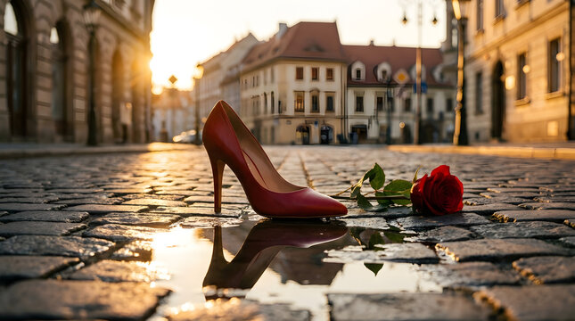 Red Stiletto High Heel and Rose on Cobblestone | Romantic Evening Street Background | Elegant Red High Heel Shoes