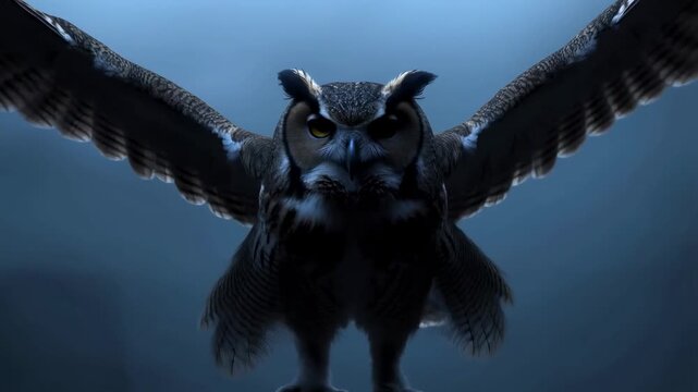 Owl spreads its wings while facing forward against a plain blue background