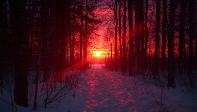 Vibrant winter sunset glowing through a snow covered forest path