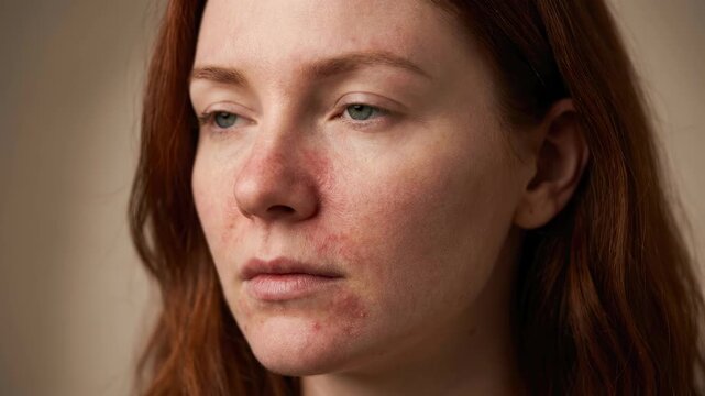 Epidermal health concern: woman face, skin redness, bacterial infection, Staphylococcus organism, dermis problem, human issue, disease sign.