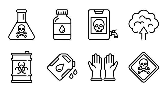 Toxic substances and hazardous chemical safety line icons collection with poison containers, biohazard waste, gloves and warning labels