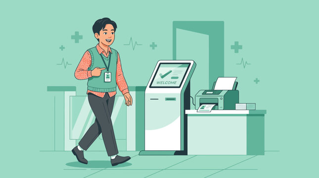 Friendly greeter with identification badge near welcome kiosk and printer