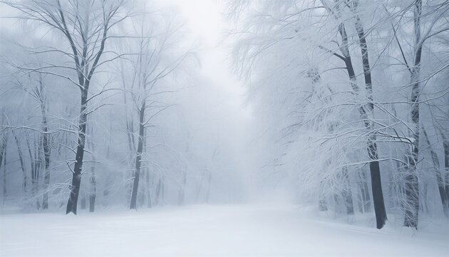 Snowy winter forest landscape with frosted trees and soft natural light