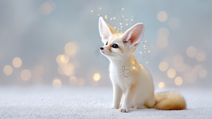 Obraz premium Adorable fennec fox with fairy lights on soft blanket and glittering background