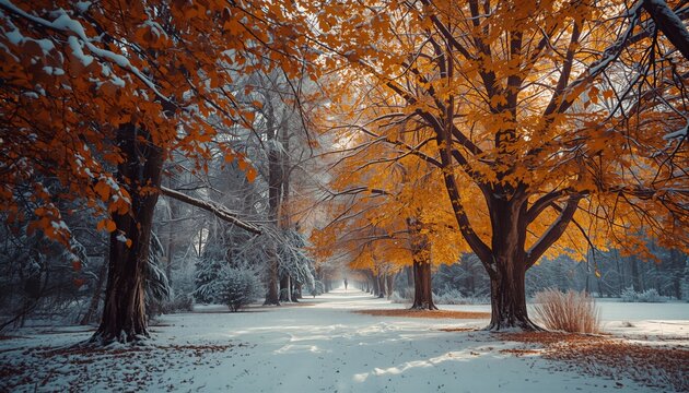 Autumn trees with orange leaves covered in fresh snow in a park landscape