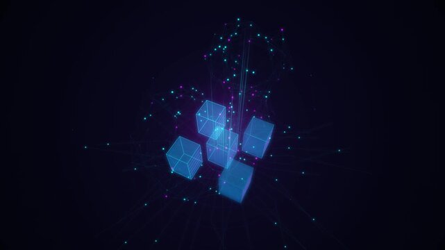 Futuristic digital cubes data network animation abstract technology background glowing particles con