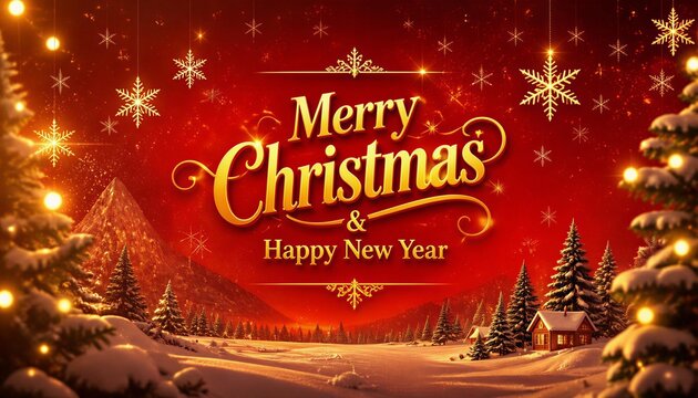 Merry Christmas and Happy New Year greeting card with snowy winter landscape