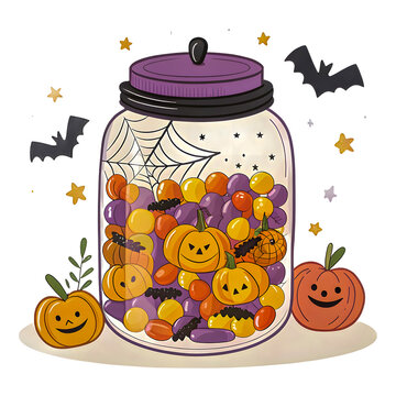 Glass mason jar filled with assorted pumpkin shaped candies and spooky decorations