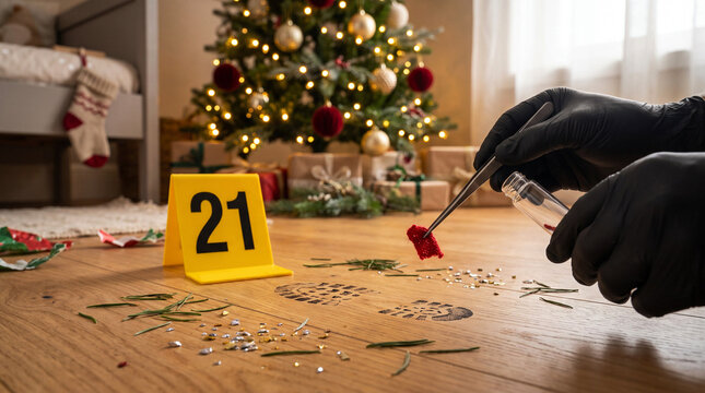 Christmas crime scene investigation with forensic evidence, footprint and red fabric sample in festive home
