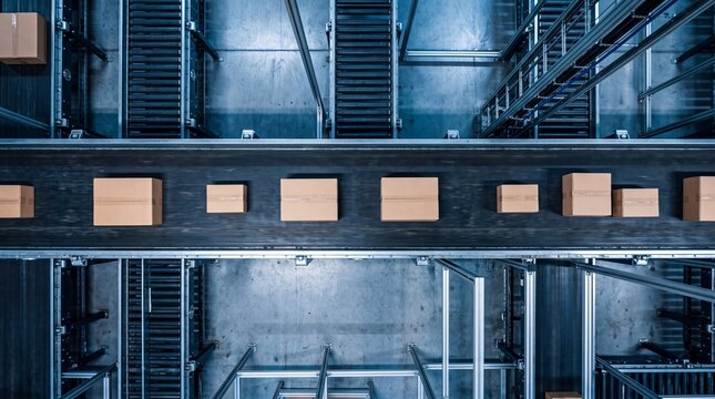 Cardboard Boxes on Conveyor Belt in Automated Warehouse