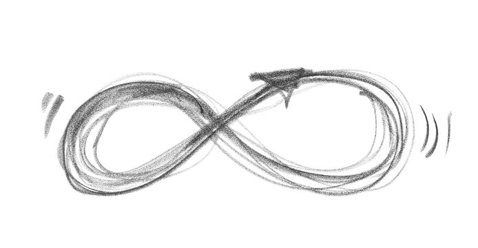 Hand drawn black chalk infinity sign with arrow isolated on white background