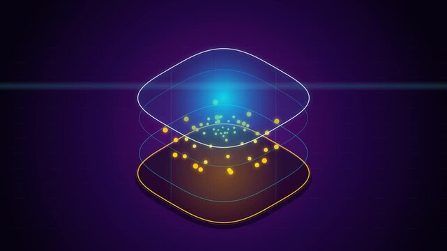 Futuristic digital data visualization background with glowing particles and abstract layered shapes