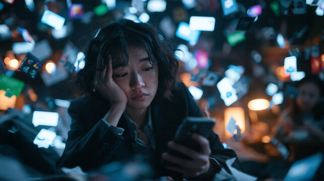 Exhausted Woman Overwhelmed by Smartphone Notifications and Information Overload