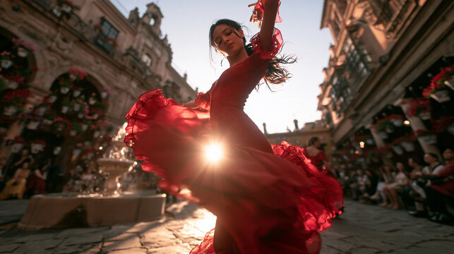 Flamenco Dancer in Red Dress Performing in Town Square