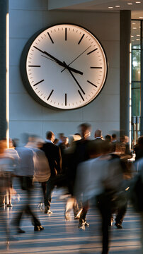 Long exposure view of a diverse crowd passing a large illuminated clock in a modern office hallway moving figures rendered as soft anonymous trails while the clock and wall