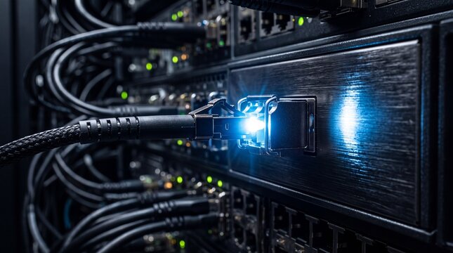Fiber Optic Cable Plugged into Data Center Server