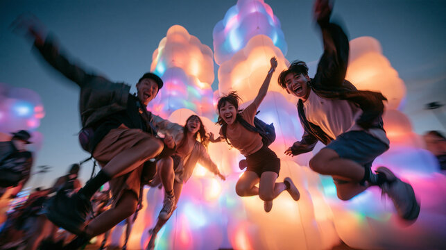 Joyful Friends Jumping Together at Night Music Festival
